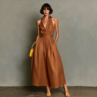 2026新款夏欧美跨境亚马逊外贸优雅无袖衬衫领气质女装高腰连衣裙