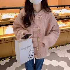 麻花毛衣外套女装2025秋冬新款甜美灯笼袖牛角扣连帽加厚针织开衫