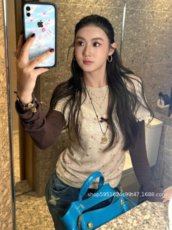 现货发！25早秋新款碎花吊带背心假两件长袖套头上衣女|undefined