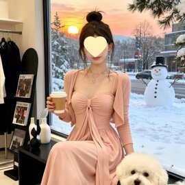法式温柔纯欲风时尚套装女春秋季蝴蝶结吊带连衣裙长袖开衫两件套