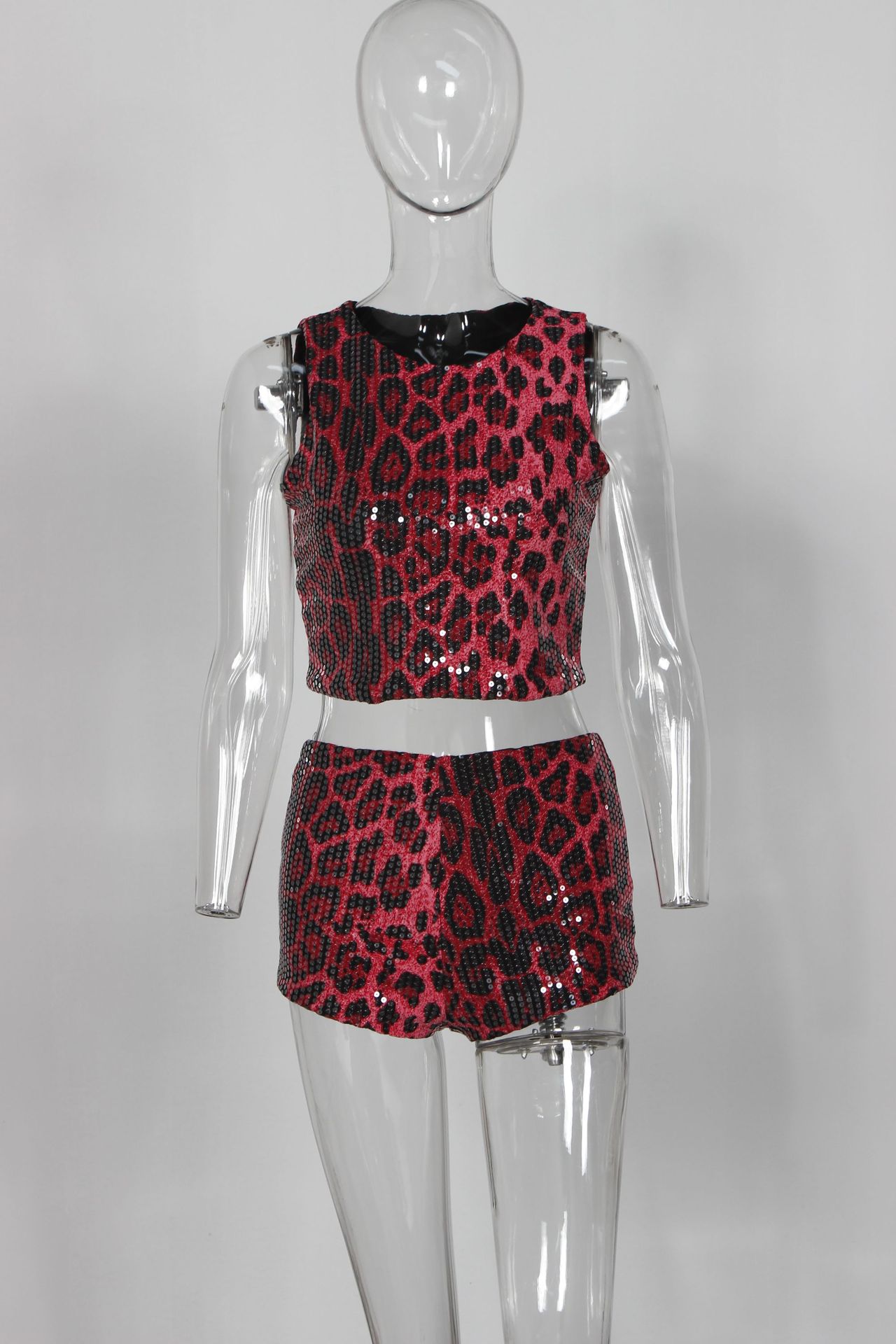 Autumn Leopard Print Wild Sexy Slim Short Sleeveless Vest Top Shorts Set