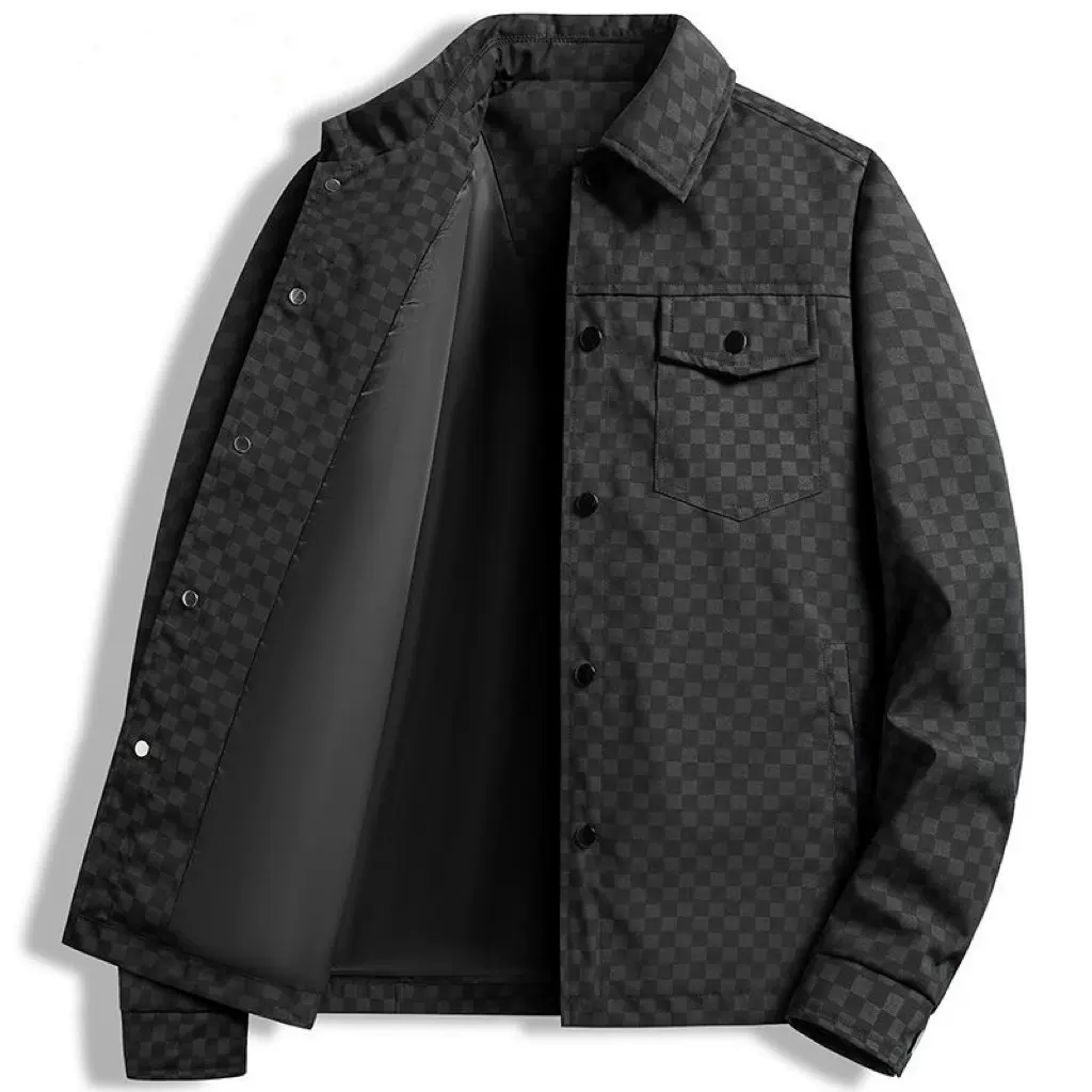 2024秋冬季时尚格子翻领商务男装行政夹克男士上衣衬衫领加棉外套