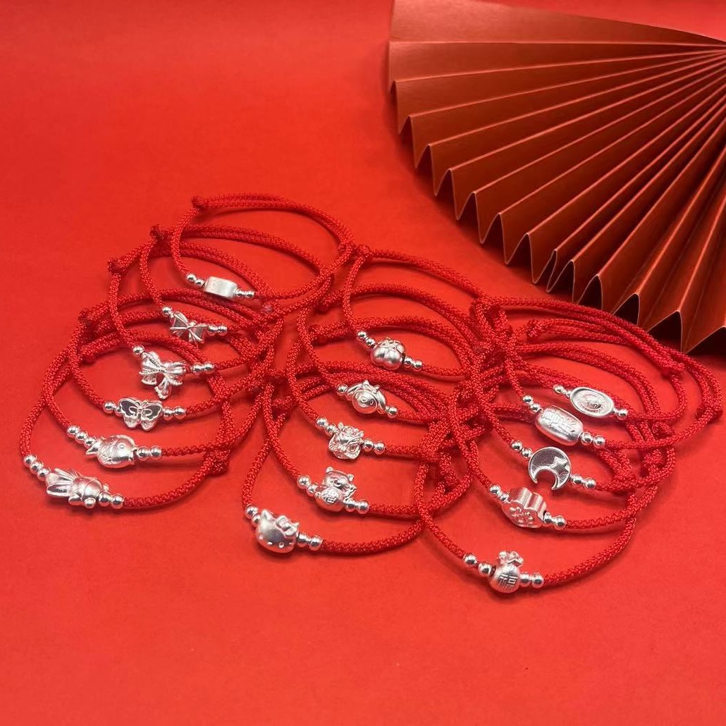 Sterling Silver 999 Foot Silver Lucky Red Rope Bracelet Anklet Women's Lotus Peach Blossom Fish Bamboo Shore Hand Rope Simple