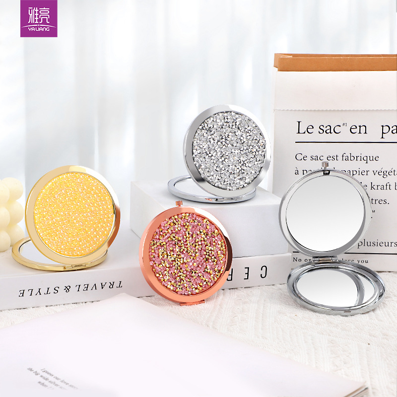 Moda creativa espejo de metal redondo espejo de bala espejo plegable de doble cara parche diamante flash comercio exterior personalizado espejo de maquillaje prepucio