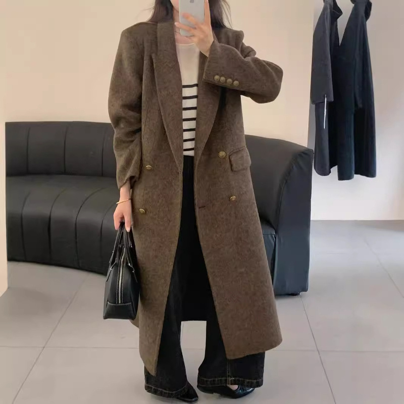 Korean Youyou Copper Buckle Double-breasted Women's High-end Shoulder Pad Suit Lined Korean Double-sided Wool Coat for Autumn and Winter