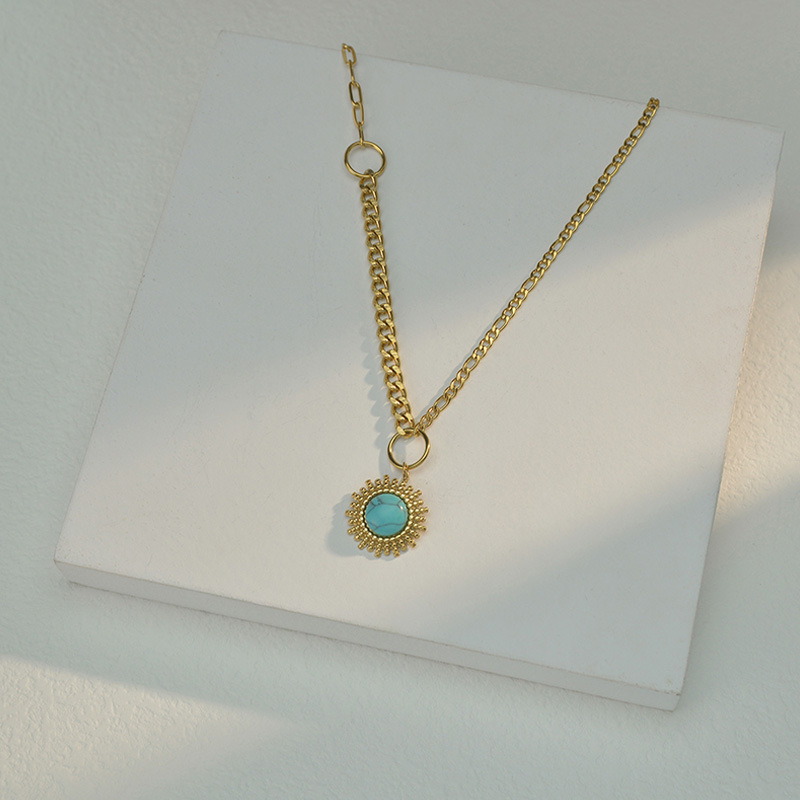 Collier À Motif Rond Turquoise En Acier Titane Vintage Avec Coutures Cubaines display picture 3