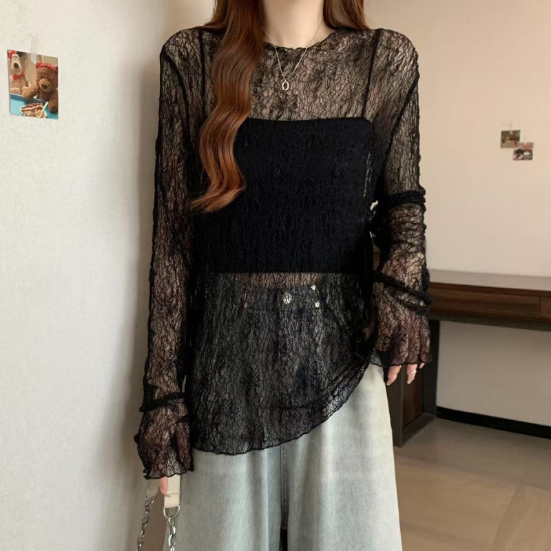 Black Thin Slightly See-Through Lace Shirt Long-Sleeved T-Shirt for Women 2025 Summer Plus Size Fat mm Sexy Outer Blouse Top for Women