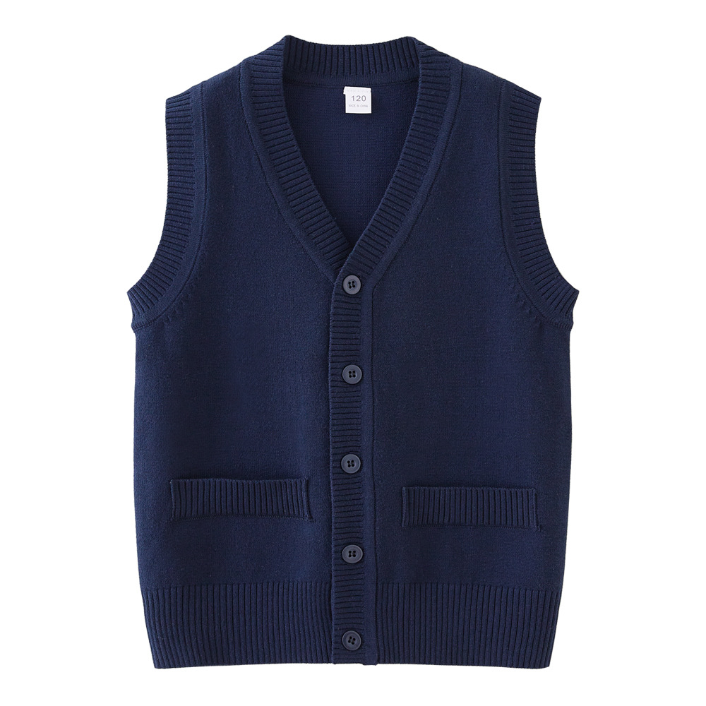 Transfronterizo europeo y americano Bolsillo falso niños y niñas Chaleco de punto Chaqueta de punto medio y grande suéter de los niños chaleco uniforme escolar al por mayor