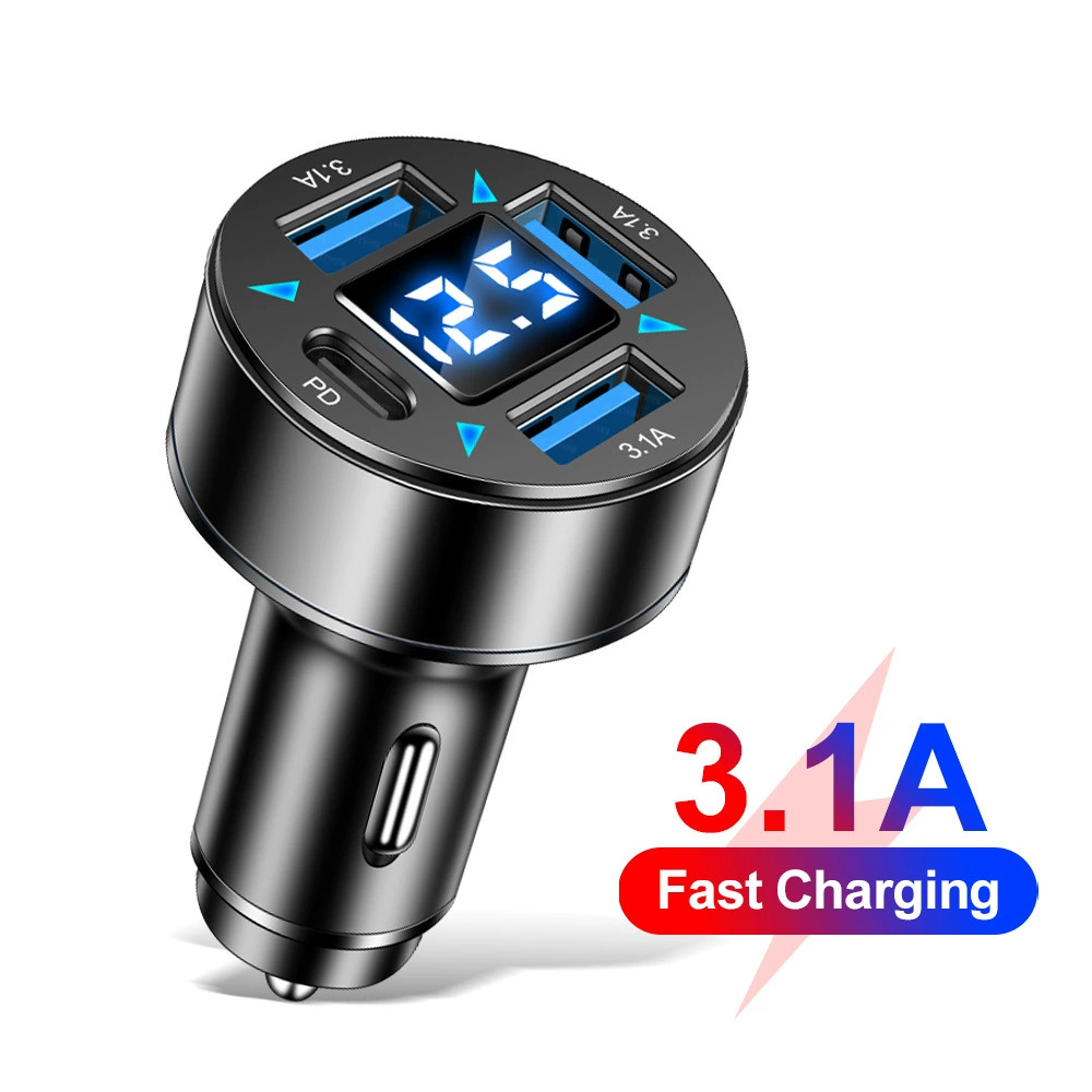Автомобильное зарядное с четырьмя каналами, дисплей, 3 USB + PD, цифровой индикатор, автомобильное зарядное 3.1A Type-C
