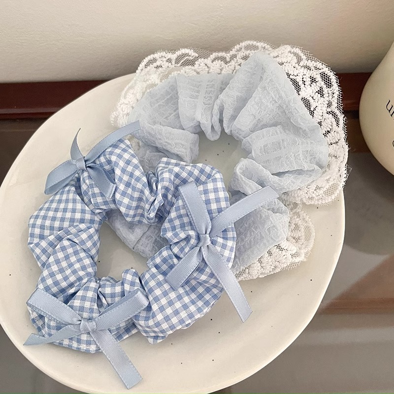 Azul pequeño arco fresco anillo de cabello intestino grueso encaje de encaje de cabello de cola de caballo de alto valor facial cuerda de cabeza de banda de goma