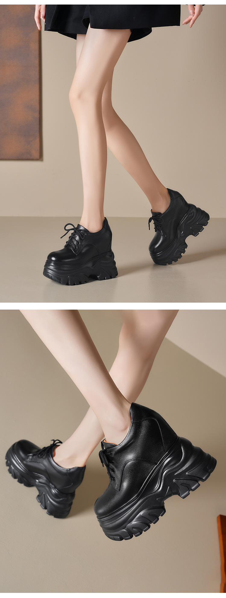 Giày sneaker nữ đế dày tăng chiều cao 12cm dây buộc da thật — Màu đen chi tiết 6