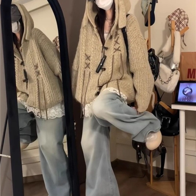 美式复古兔耳朵牛角扣连帽毛衣女秋冬宽松显瘦慵懒风针织开衫外套|undefined