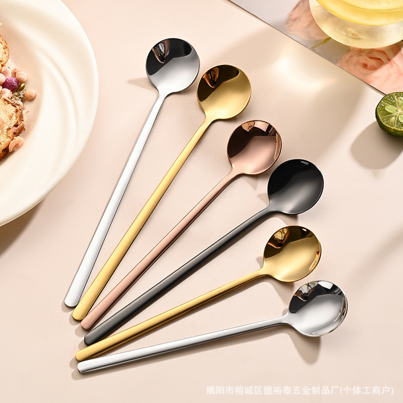 304 stainless steel small round spoon, high aesthetic coffee spoon, golden bird's nest honey dessert spoon, long-handled stirring spoon 304 stainless steel small round spoon, high aesthetic coffee spoon, golden bird's nest honey dessert spoon, long-handled stirring spoon