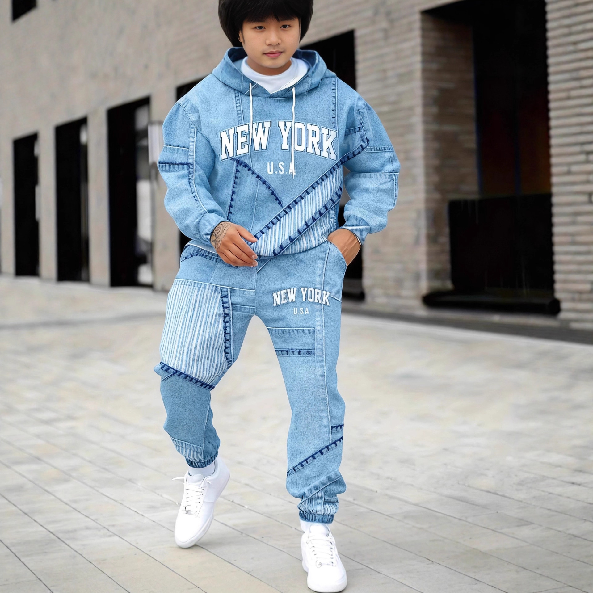 Ensemble sweat-shirt à capuche et pantalon de jogging effet denim pour homme, imprimé numérique, deux pièces décontractées, noir, bleu, gris_voghion.com