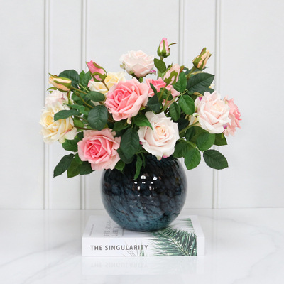 仿真花3头保湿英国玫 婚庆家居绢花 高档假花手感保湿玫瑰源厂家