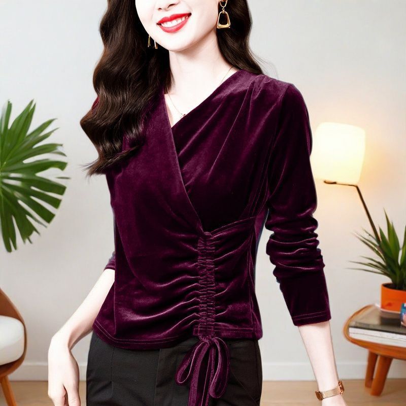 Velvet Women's Tops V Neck Lace Bottoming Shirt with 2024 Spring & Fall New Style Noble and Stylish Small Shirt Long-Sleeved T-Shirt for Women