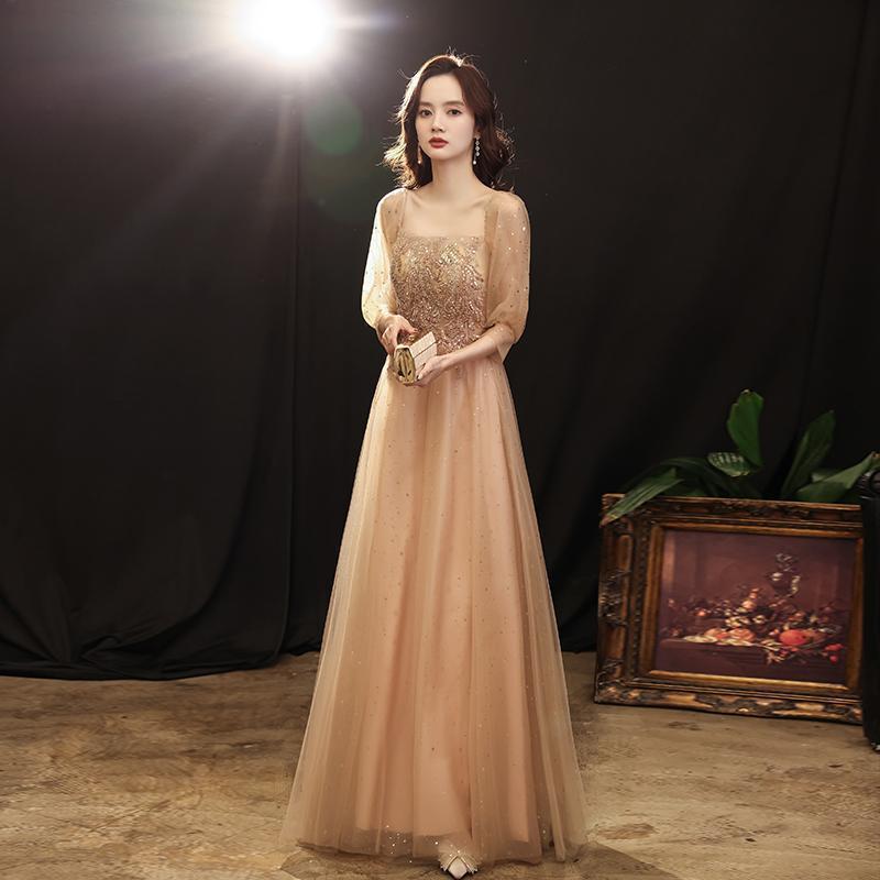 Vestido de Noche Color Champán para Banquete, Nuevo Modelo Otoño 2025, Elegante Vestido de Manga Larga para Presentadora o Actuación