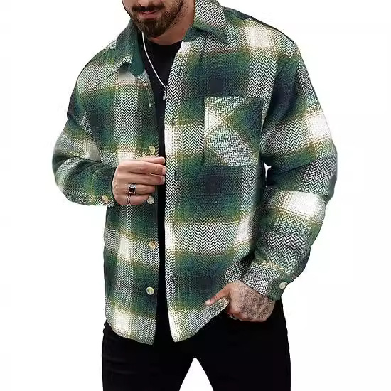 Giacca da uomo casual in cotone stampato con fibbia, manica lunga, colletto ribaltabile, stile western, jacquard, 2024_voghion.com