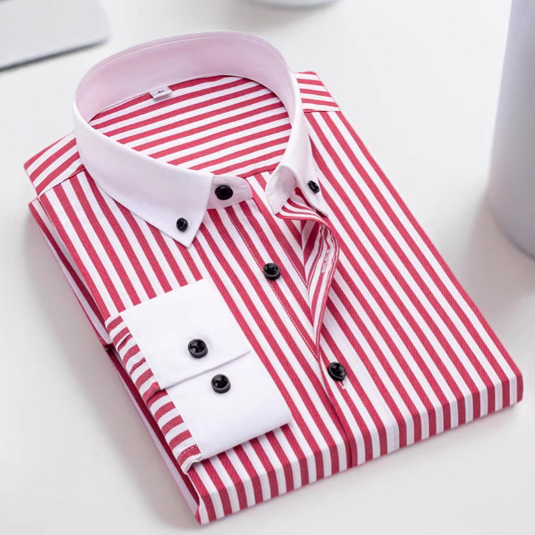 New Men's Striped Long-Sleeved Shirt Korean Style Slim Fit Contrasting Collar Elastic Business Casual White-Collar Shirt Short-Sleeved