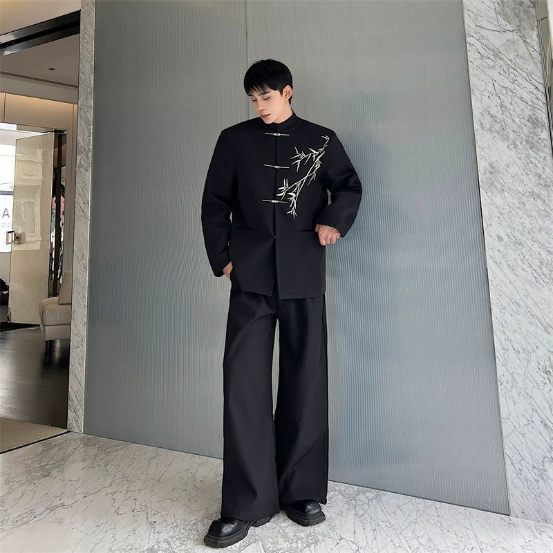 1 Yeni Çin Hafif Ulusal Üst Siyah Dik Yaka Bambu Batı Ceket Erkek İlkbahar Sonbahar Uçak Düğmesi Etnik Stil_voghion.com