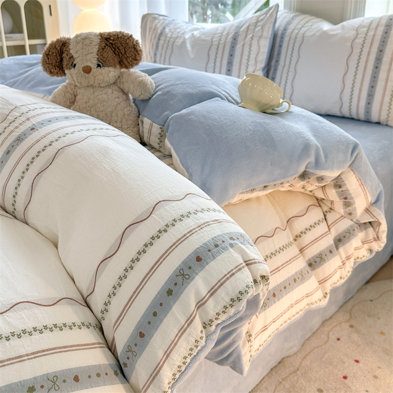 Class a Maternal and Infant Grade Cotton Fleece Four-Piece Set, Winter Warm and Thickened Milk Velvet Yarn-Dyed Jacquard Cotton Quilt Cover, Pure Cotton