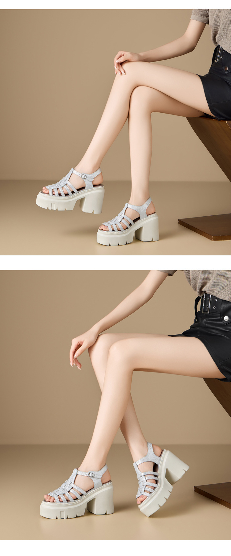 Sandal cao gót nữ hở mũi đế xuồng da bò gót 12 cm — màu đen chi tiết 4