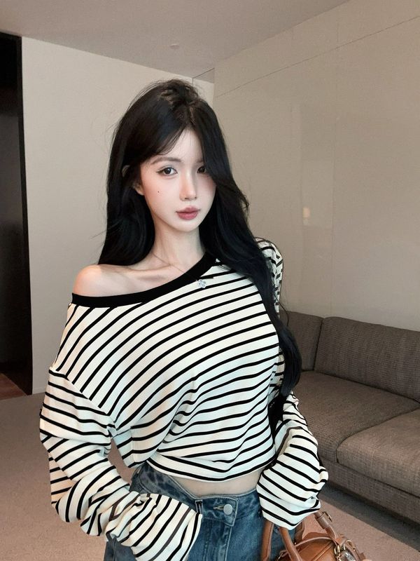 美式复古撞色条纹宽松收腰绑带长袖t恤女设计感早秋一字露肩上衣|undefined