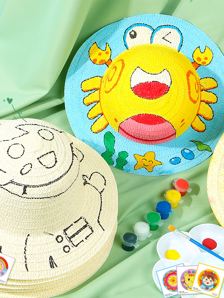 儿童绘画草帽环创围墙帽子涂色手工农场编织幼儿园装饰材料包工厂