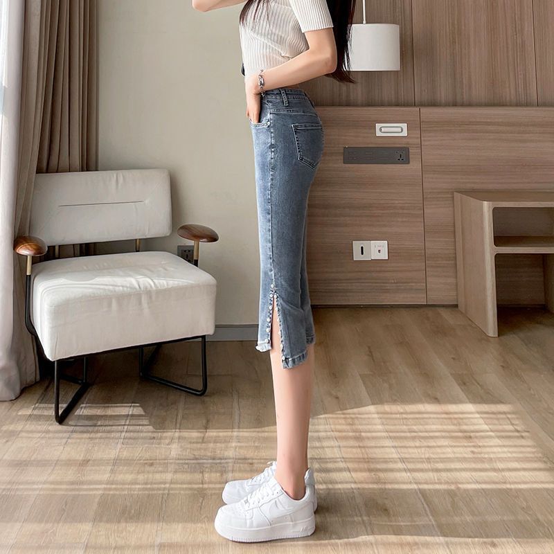 Cropped Denim Flared Pants Women's 2024 Summer Thin High Waist Elastic Tight Small Eight Split Micro Horn