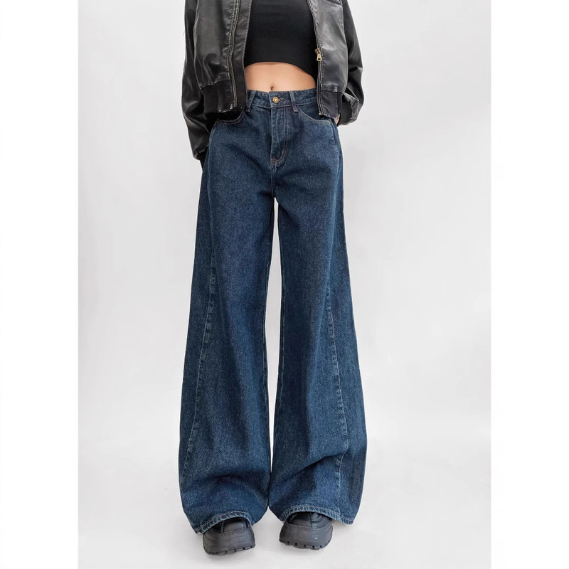 Vintage High Waist Jeans Women's Spring and Autumn Slim Wide Leg Pants Fashionable Pleated Denim Pants 2025