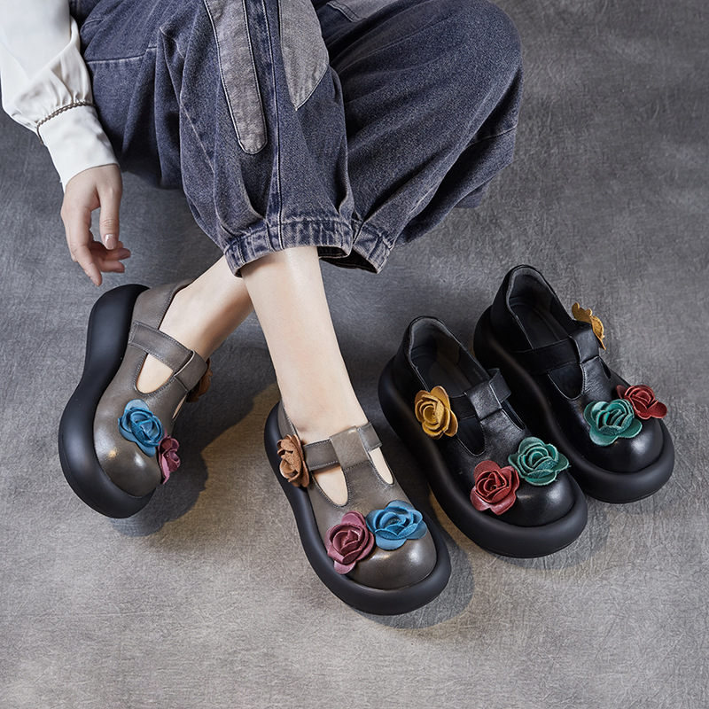 Leather retro Mary Jane shoes platform with velcro
