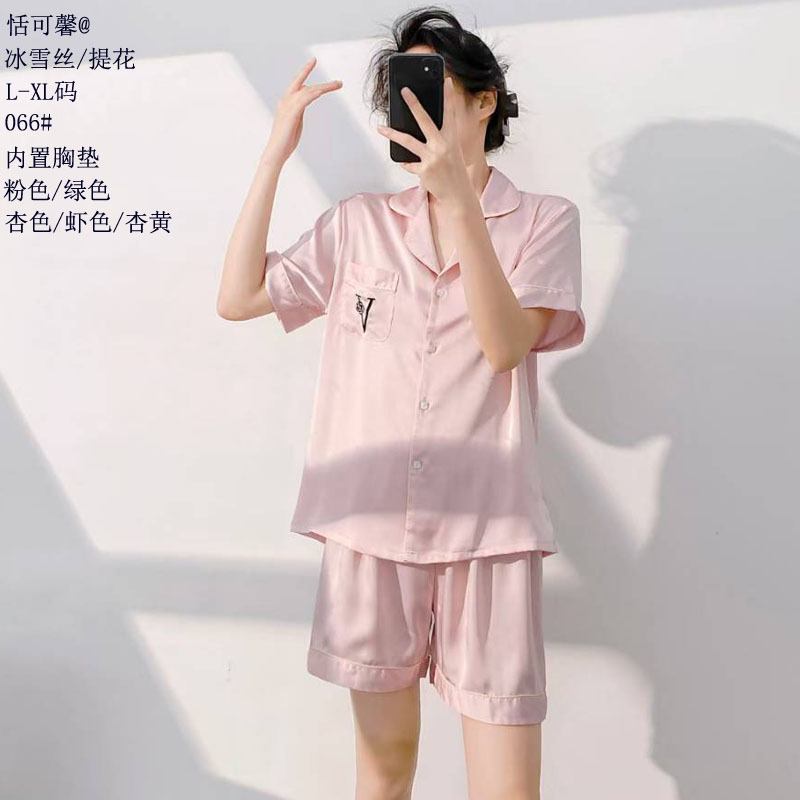 Tian Kexin 아이스 실크 2025 아이스 실크 파자마 여성용 실크 반팔 더블 숏 빌트인 가슴 패드 홈 의류