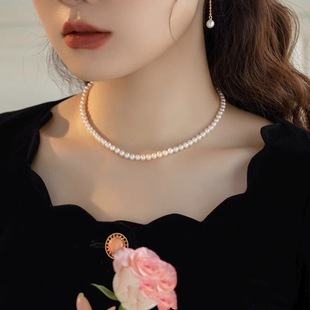 6mm Strong Light Natural Pearl Necklace Women's Classic Elegant All-match Fashion Light Luxury Collarbone Chain Simple Woolen Chain