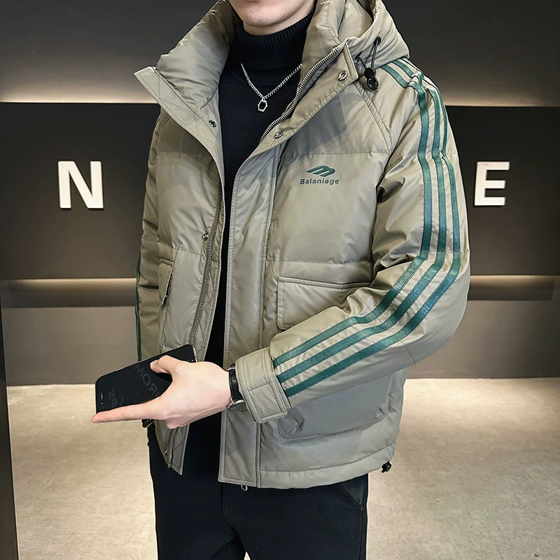 Зимний пуховик мужской 2024 новый короткий повседневный полосатый теплый пиджак с капюшоном