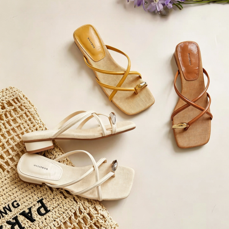 【Lan Gui】Palm Island ● 4cm Flip-Flops for Women with Thick Heels and Cross Straps, Holiday Travel Half-Slippers