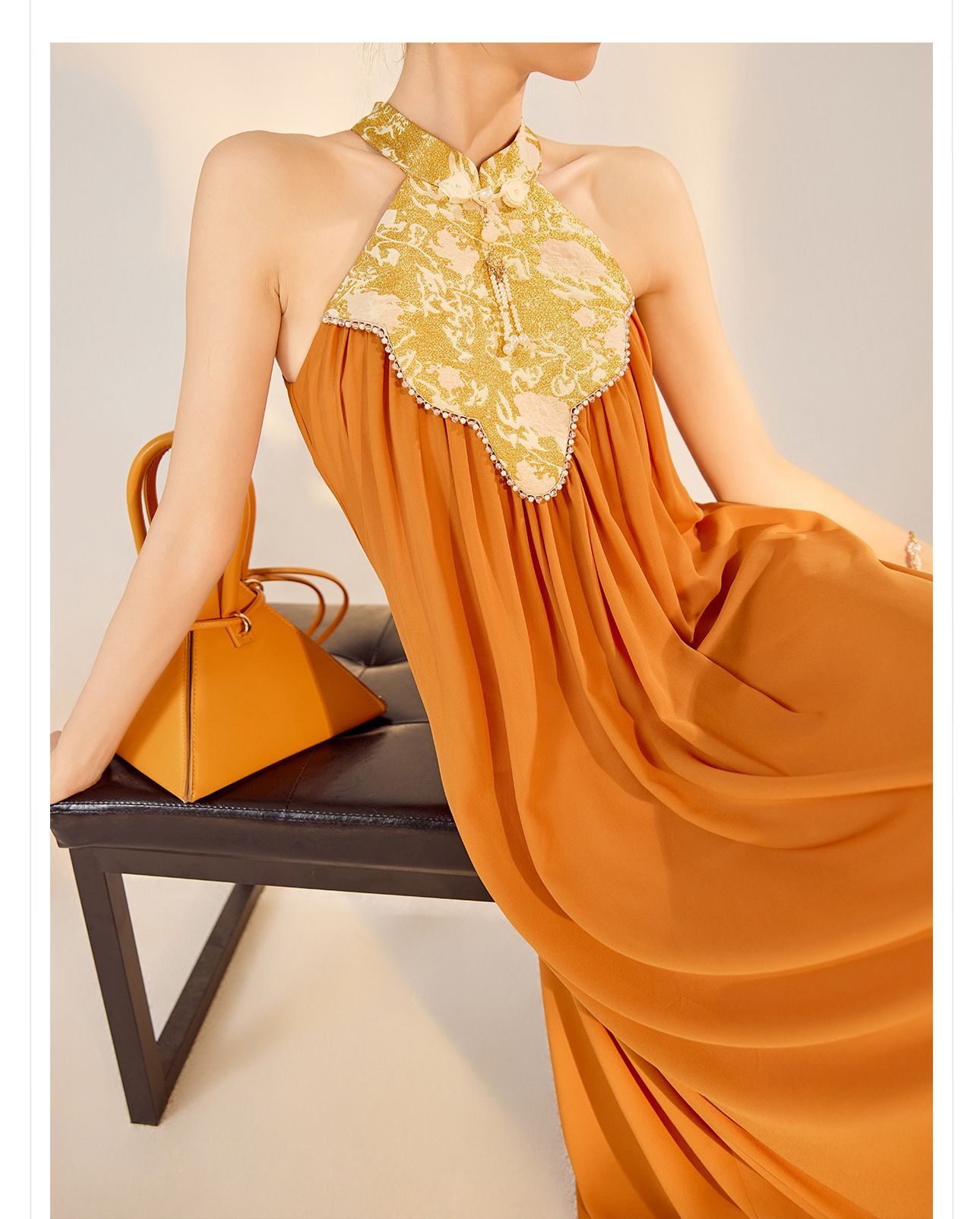 Váy dài cổ qipao thiết kế sang trọng mùa xuân hè — Màu cam, Màu mơ chi tiết 2