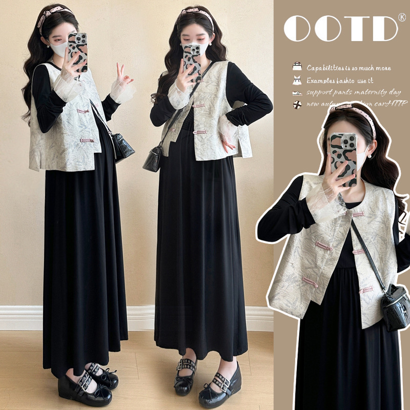 2025 Spring and Summer New Chinese Maternity Dress New Korean Style Fashion Elegant Slim Vest Long Sleeve Lace Dress suit