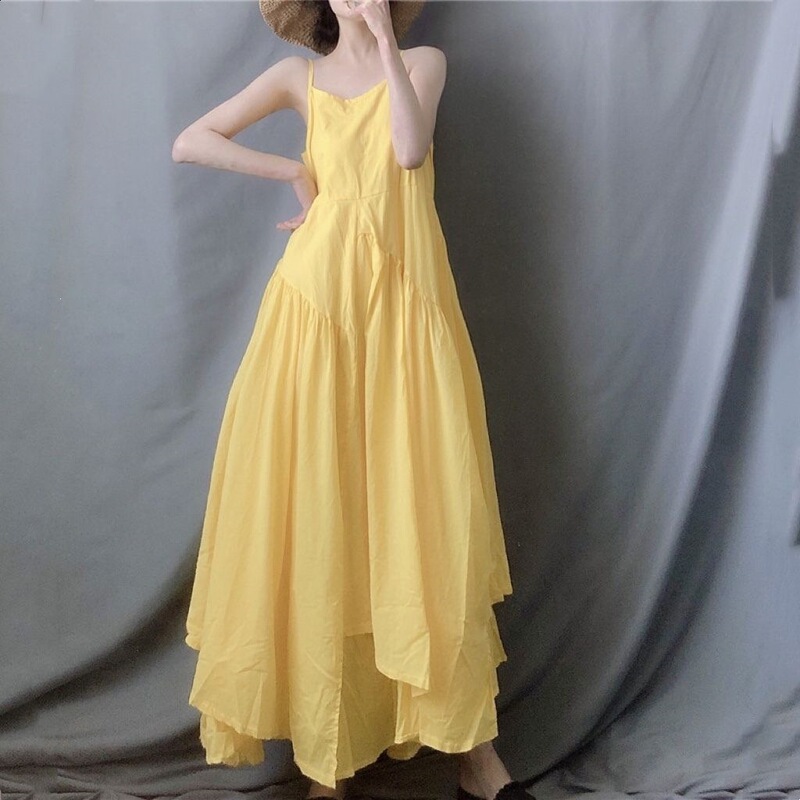 Lemon Yellow Ultra-Long Irregular Hem Spaghetti Strap Dress, Artistic and Fresh Spring-Summer Style, Elegant and Flowing Long Dress Lemon Yellow Ultra-Long Irregular Hem Spaghetti Strap Dress, Artistic and Fresh Spring-Summer Style, Elegant and Flowing Long Dress
