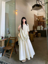 卡通印花防晒长袖t恤上衣不规则格子半身裙女2025夏季新款两件套