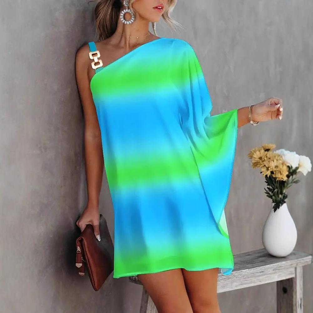 2022 estación independiente deseo Amazon popular manga de murciélago de verano fuera del hombro correa de metal vestido de ropa de mujer image 3
