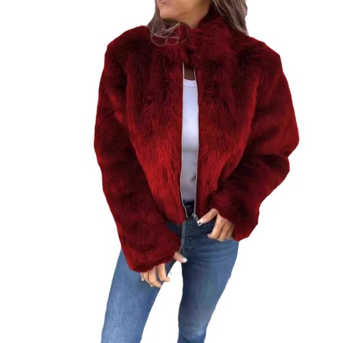 Women's Autumn/Winter US Fashion Fake Fur Collar Zipper Casual Top Jacket