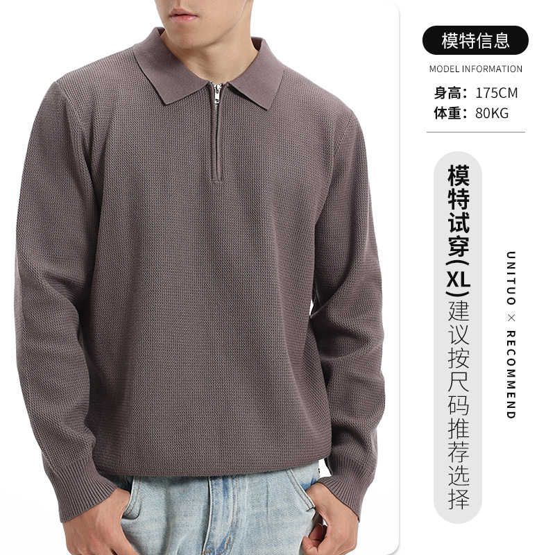 Otoño y invierno de alta calidad polo de punto de manga larga hombre con solapa de negocios medio cremallera de moda suéter de piña estadounidense
