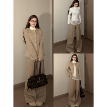 MARIE.COCO老钱风穿搭长袖毛呢外套秋冬蕾丝打底衫休闲裤三件套装