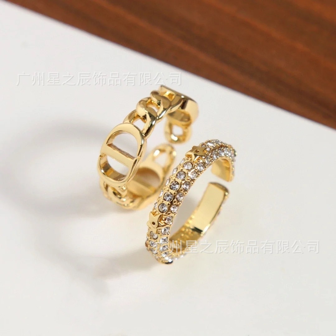 Real Shot of D-Brand Letter Cd Two-Piece Open Ring Set for Women, Full Diamond Ring Set, Factory Wholesale