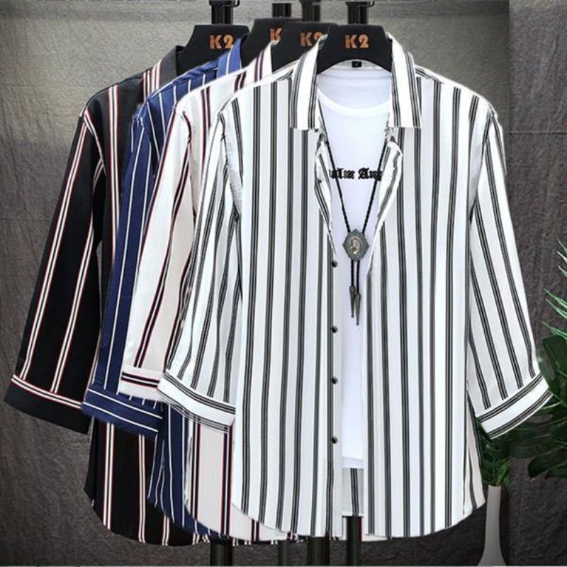 Men's Short-Sleeve Ice Silk Striped Three-Quarter Sleeve T-Shirt 2026 Summer Trendy New Style 7-Quarter Sleeve Shirt Men's Shirt Men's Short-Sleeve Ice Silk Striped Three-Quarter Sleeve T-Shirt 2026 Summer Trendy New Style 7-Quarter Sleeve Shirt Men's Shirt