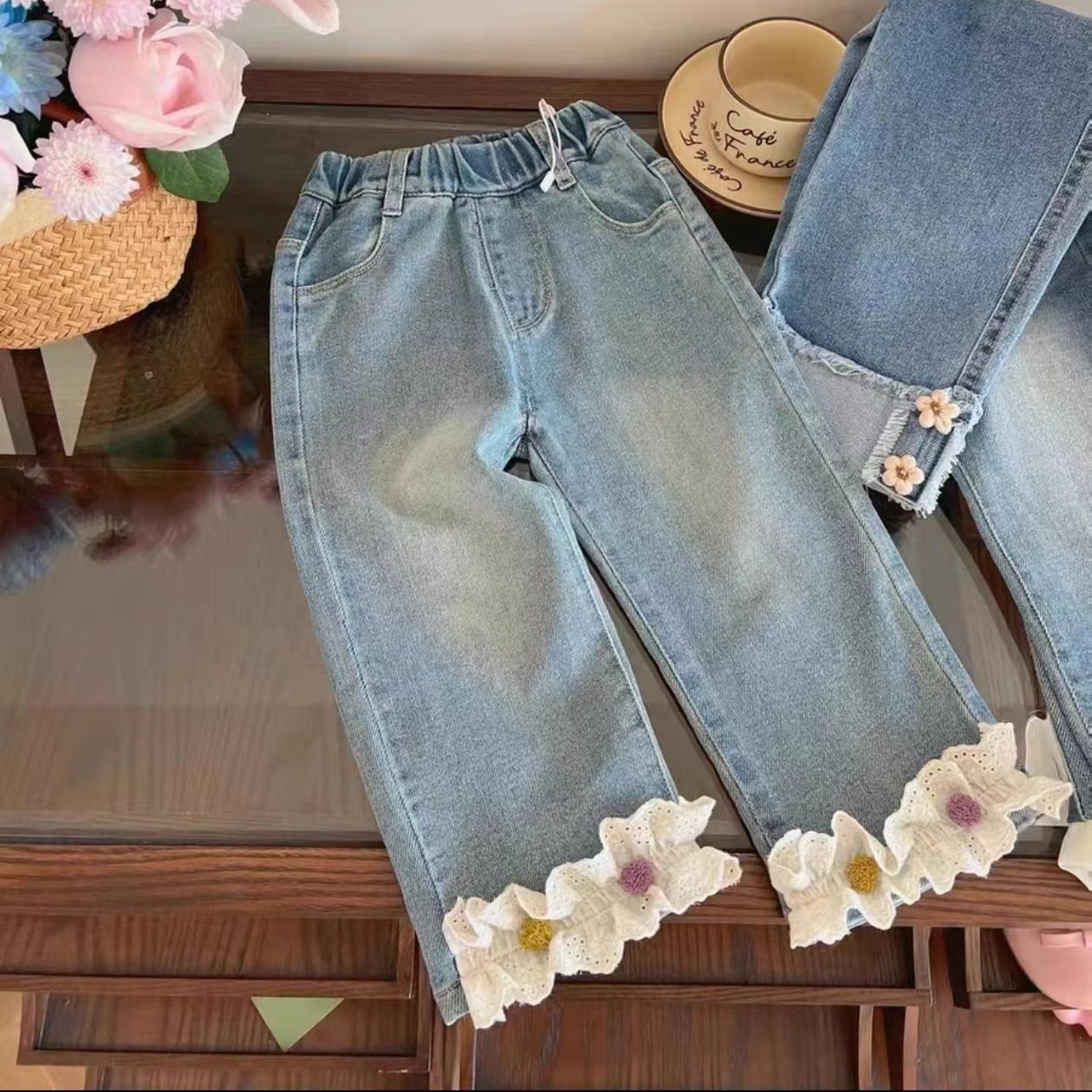 女童牛仔长裤2025春秋新款中小童韩版时髦儿童宽松洋气直筒阔腿裤