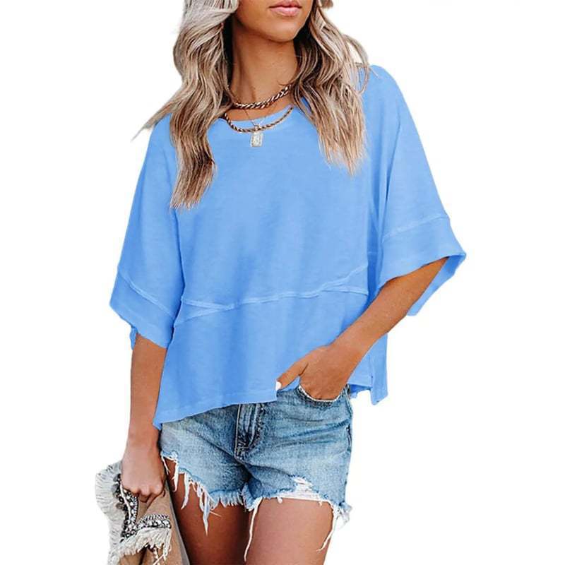 Camiseta Holgada Informal de Manga Campana con Estilo Nuevo y Color Sólido en Patchwork, Éxito de Ventas en Amazon Europeo y Americano 2025 para Mujer