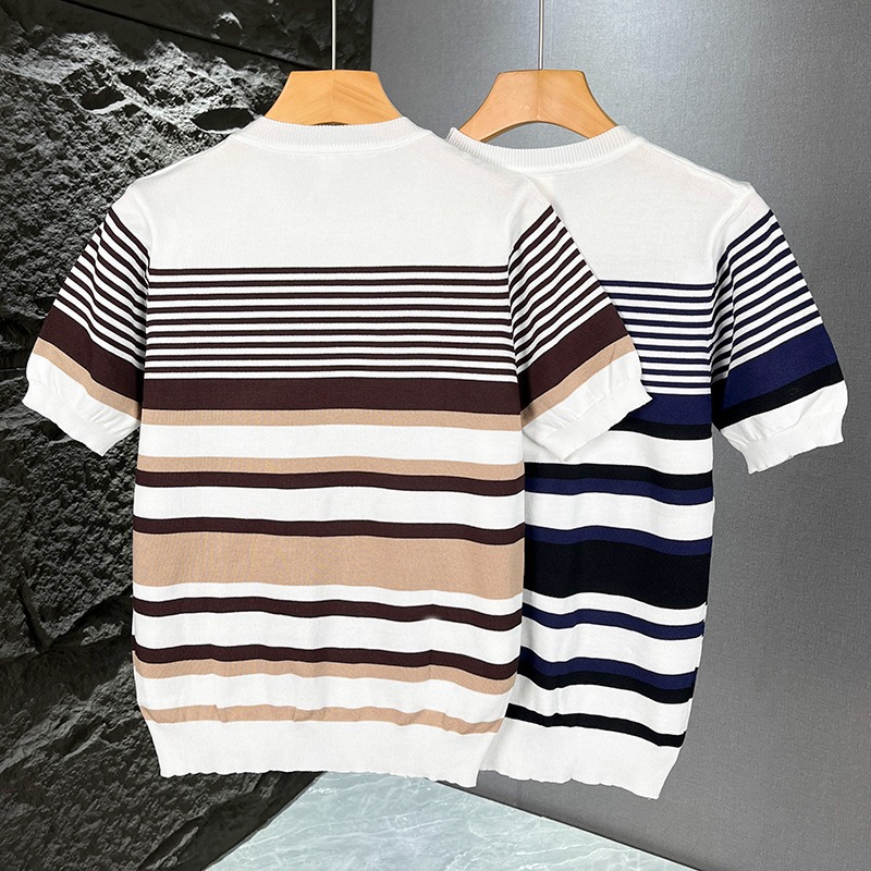 Herren-Strickpullover mit schmaler Passform, Streifenmuster, kurzen Ärmeln und Rundhalsausschnitt im britischen Business-Stil – cooles und elegantes Color-Blocking-T-Shirt für den Sommer_voghion.com