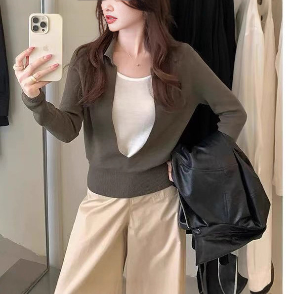 设计感撞色拼接长袖针织衫女秋冬新款时尚洋气减龄假两件别致上衣|undefined