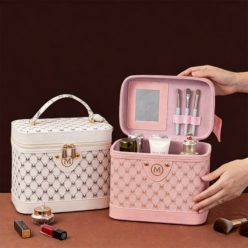 Retro Chanel Style PU Household Letter Large Capacity Cosmetic Bag Cosmetic Storage Box Portable Suitcase Box